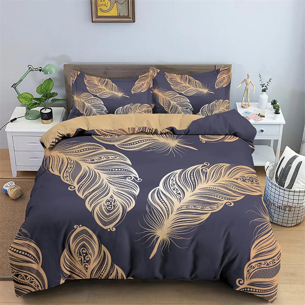 Dark Blue Peacock Feather Duvet Cover Feather Elegant Theme Chic Floral Quilt Cover for Women Teen Boys Girls Bedroom Decoration