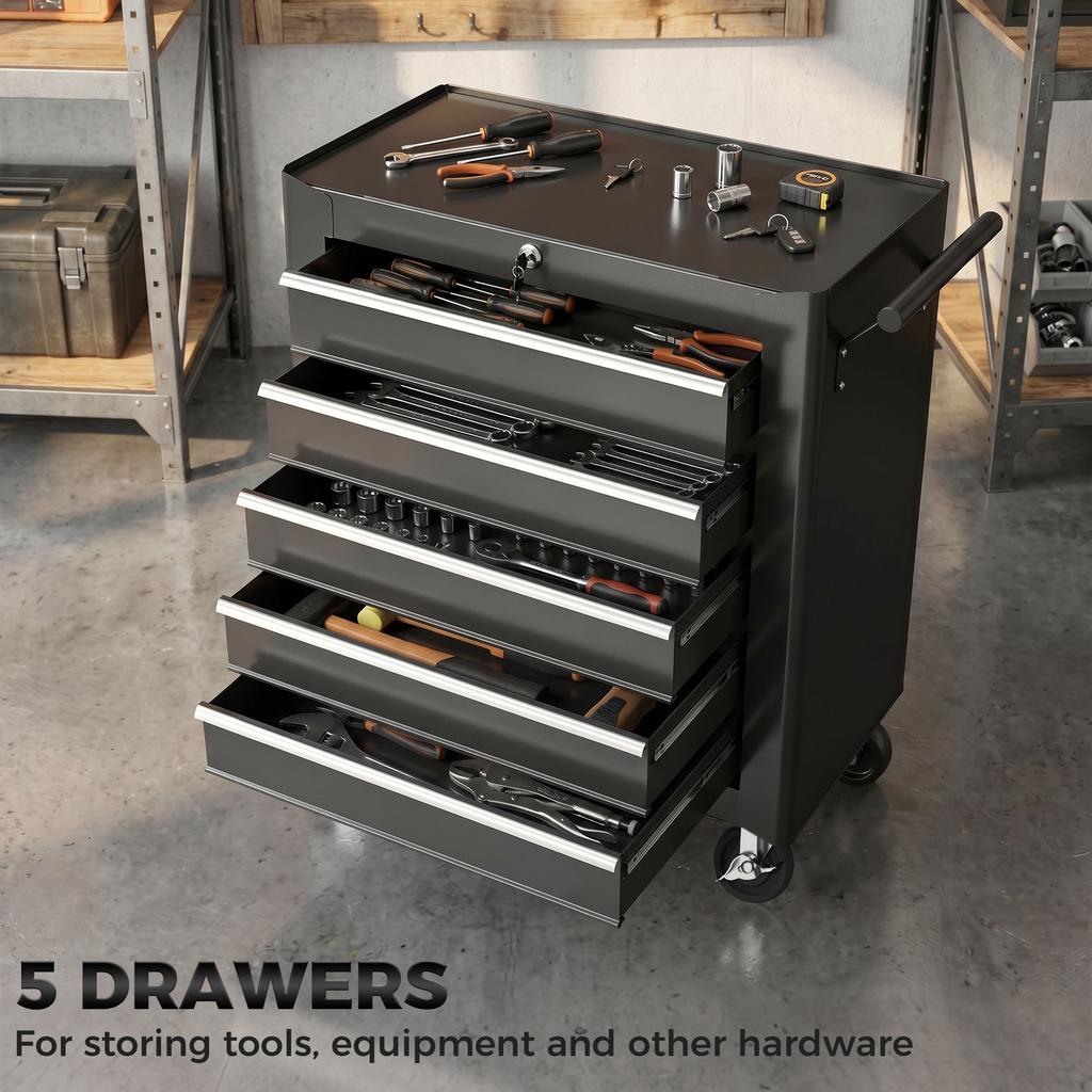 5 Drawer Tool Chest With Wheels Steel Lockable Tool Storage Cabinet With Handle 2 Keys For Garage Workshop Black