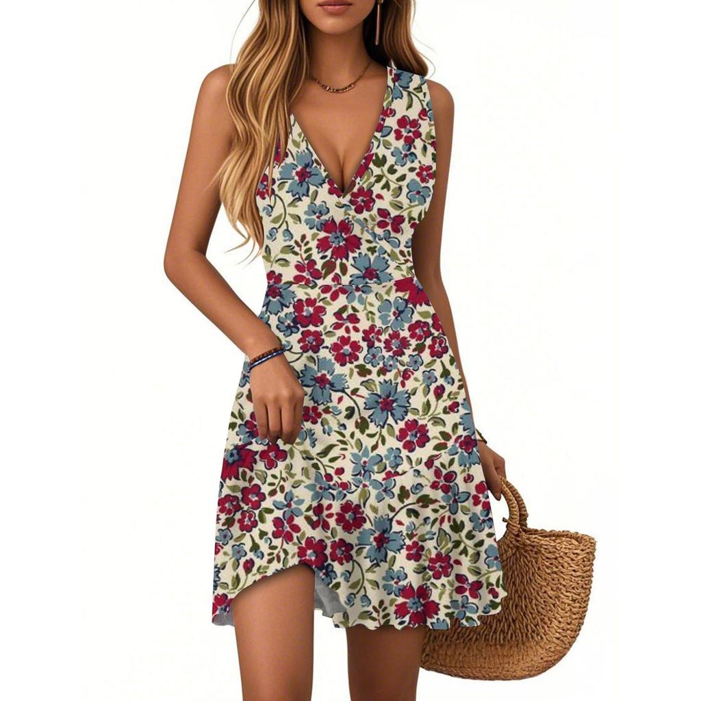 Women's Dress V-neck Sleeveless Casual Floral Print Hem Pleated Dress
