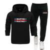 Мужской костюм-худи и джоггеры "Racing-strip" Принт с текстом "Racing Stripe" на груди, Совпадающий логотип на брюках, Теплый флисовый комплект для активного отдыха и спортивных поездок