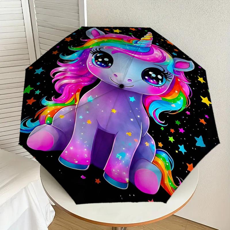 1PC Unicorn Starry Umbrella-8-Rib Reinforced Portable Folding Travel Suitable for All Seasons Outdoor Daily Use -J0406