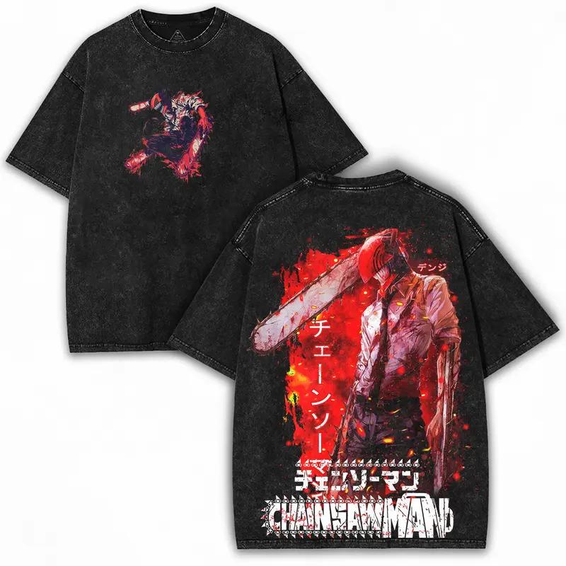 Japan Manga Chainsaw Man Denji Graphic T-shirt Vintage Washed Oversized T Shirt Men Women Clothing Cotton Short Sleeve Tees Tops