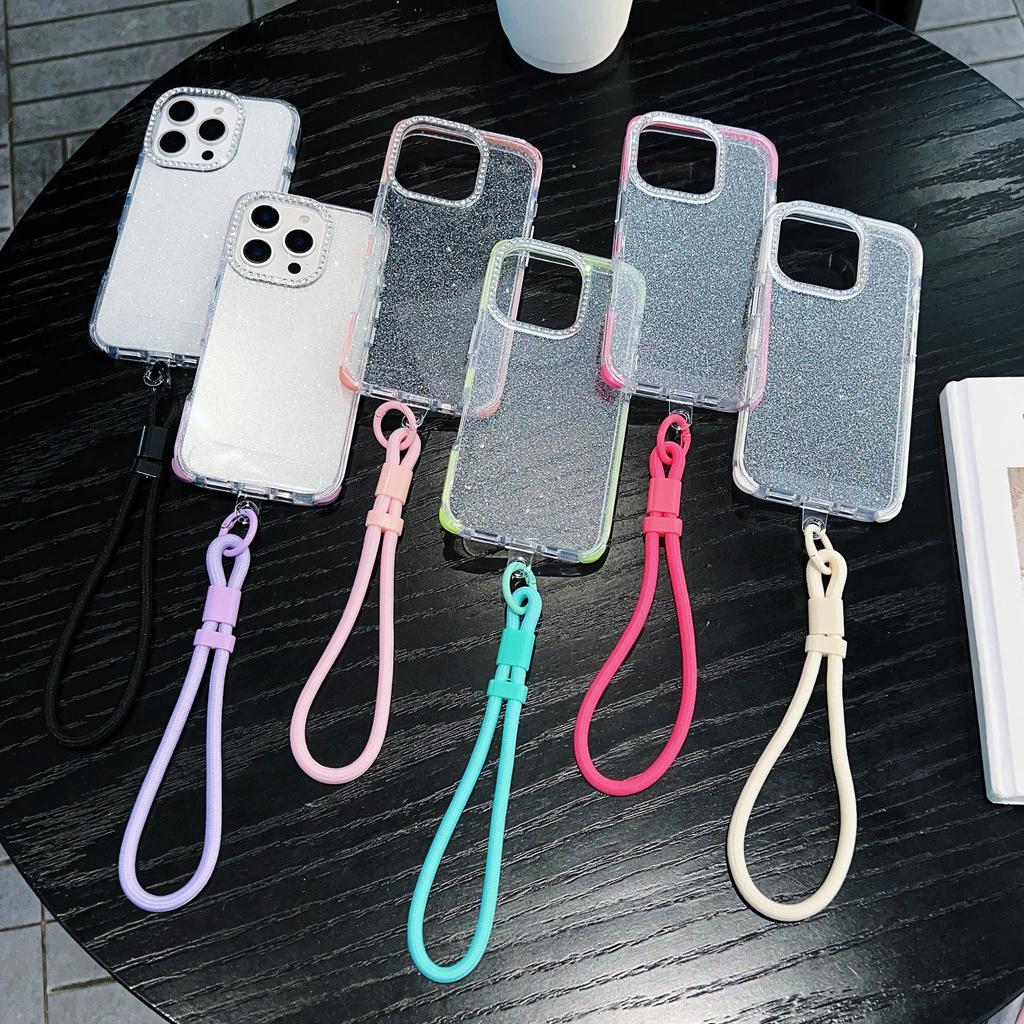 For iPhone 16 Pro Max Case Rhinestone Decor Glitter TPU Anti Drop Phone Cover with Adjustable Wrist Strap