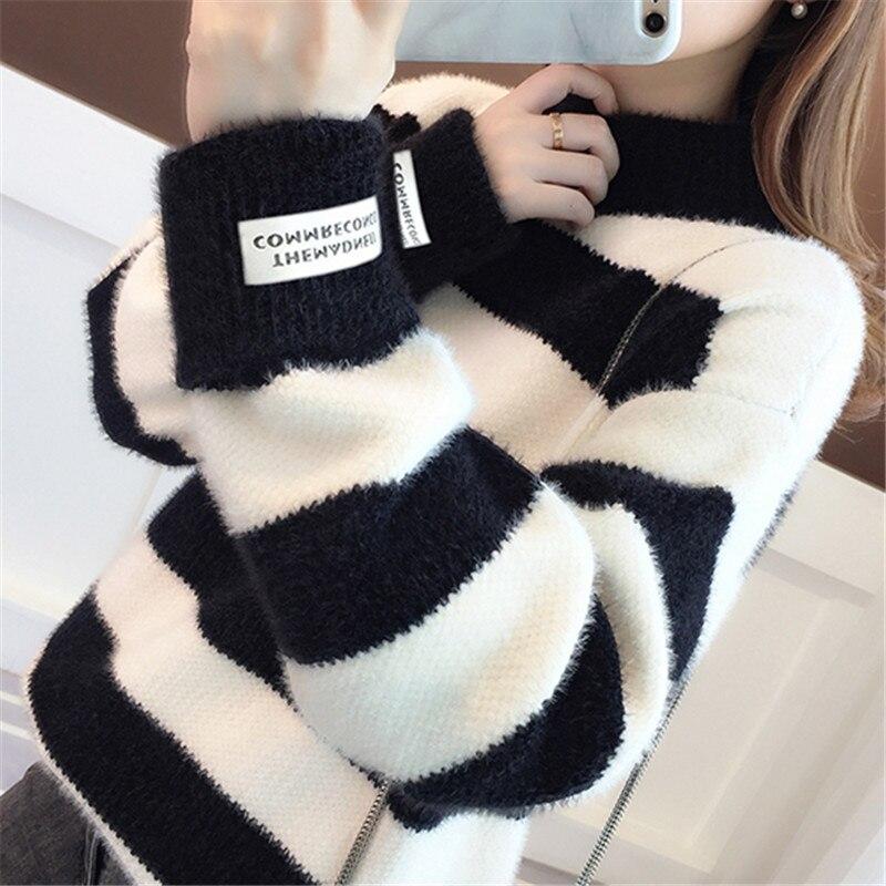 2023 Winter Thick Mink Fleece Stripe Sweater Women 4 Color Pullover Short Jumper Ladies Long Sleeve Half High Collar Tops Female