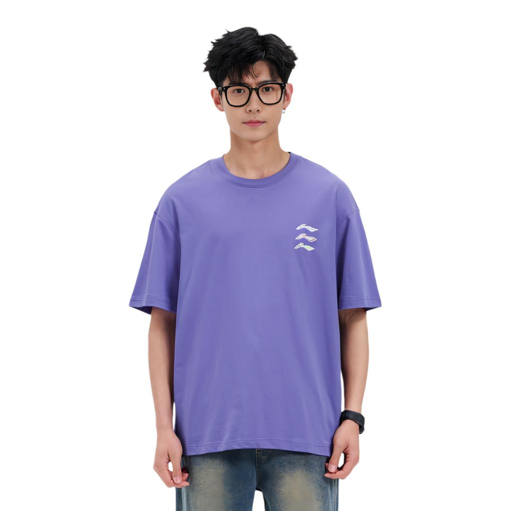 Футболка Li Ning Cooling Tea T Loose Moisturizing с круглым вырезом и коротким рукавом, мужская, длинная, с весенним цветком, сине-фиолетовая AHSU709-8