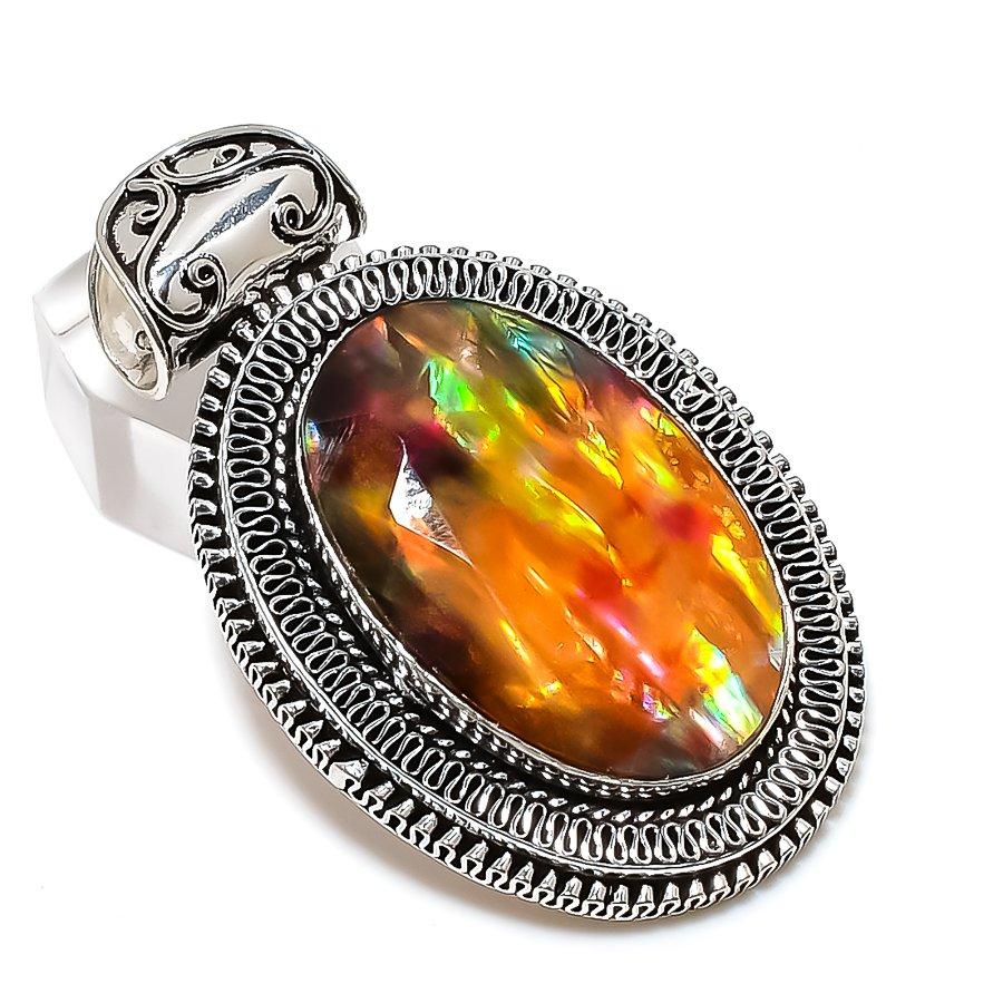 Ammolite Gemstone Handmade 925 Sterling Silver Jewelry Pendant 2.29" b0W10