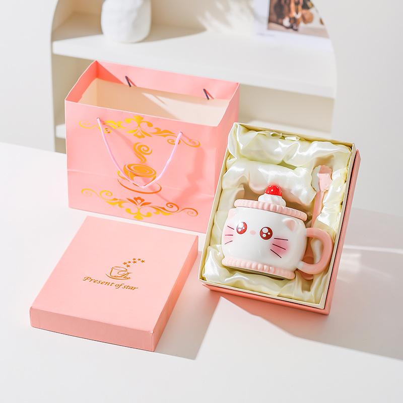 Креативная милая мультяшная керамическая кружка розовая с сердечком для девочки подарочная чашка для воды с крышкой ложкой чашка с котиком и свиньей