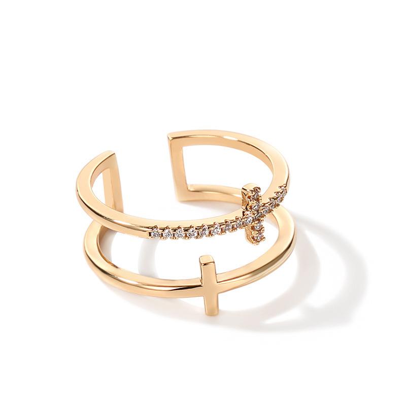 Double-Layer Cross Zircon Ring For Women Gold Silver Adjustable Finger Rings Bling Korean Elegant Jewelry Gift
