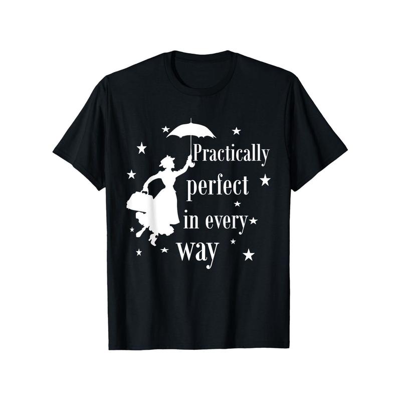 Unisex Cotton Mary Poppins Graphic T-Shirt - Practically Perfect in Every Way Design with Mary & Umbrella Print, Round Neck Short Sleeve Casual Tee