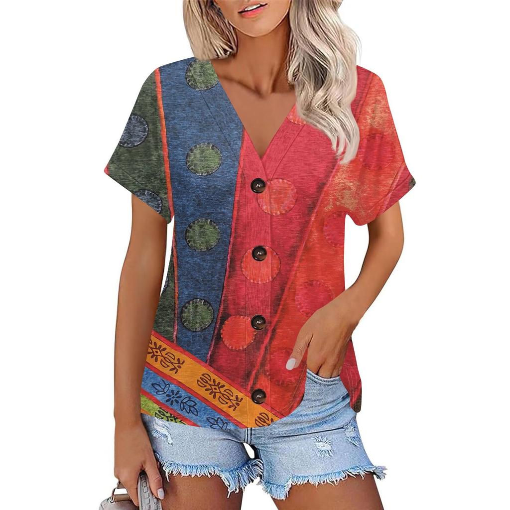 Женская модная футболка с короткими рукавами и V-образным вырезом, цветным принтом в стиле пэчворк, на пуговицах