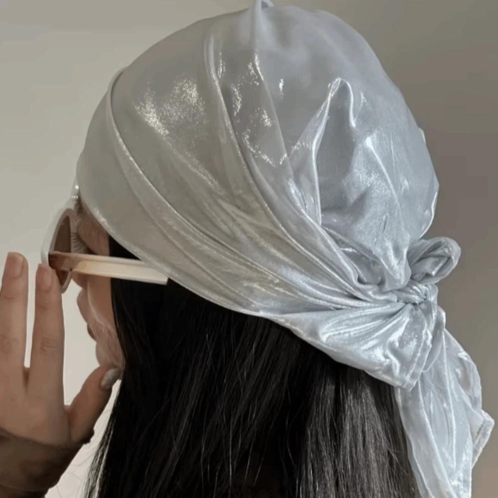 Polyester Shiny Metallic Bandana Stripe Satin Square Turban Liquid Silvery Headscarf Outings