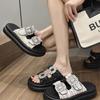 Fashion Thick Soled 2024 Summer New Casual Square Buckle Water Diamond Double Strap One Line Slipper for External Wear Sandals