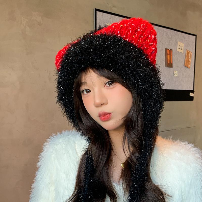 Плюшевая милая шапка с кошачьими ушками, женская зимняя теплая шапка-пуловер с защитой ушей, подчеркивающая лицо, маленькая, универсальная, модная вязаная шерстяная шапка