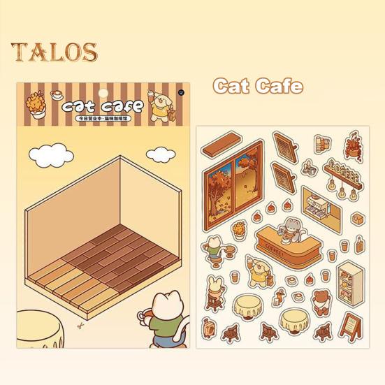 4 Set 3D DIY House Scene Stickers Stress Relief Decals Supermarket Coffee Shop Bookstore Sun Room Library Tear-resistant Surface Stickers