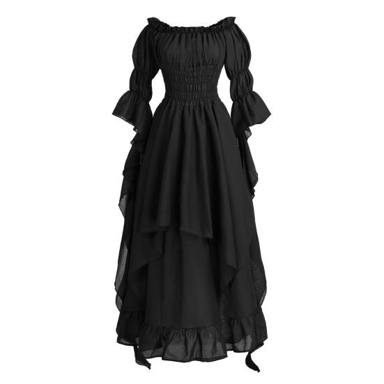 Women Ball Gown Off Shoulder Gothic Long Horn Sleeves Irregular Layered Pleated Elastic Tight Waist Solid Color Retro Renaissance Princess Dress