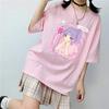 Japanese Cartoon Sweet Cute Girls Casual Pink Tops Harajuku Chic Loose Anime Electric Shock Girls Vintage Summer Women T-shirt