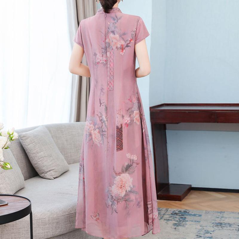 Женское платье Cheongsam с короткими рукавами и воротником-стойкой, длинная юбка в китайском стиле, юбка трапециевидной формы с высокой талией