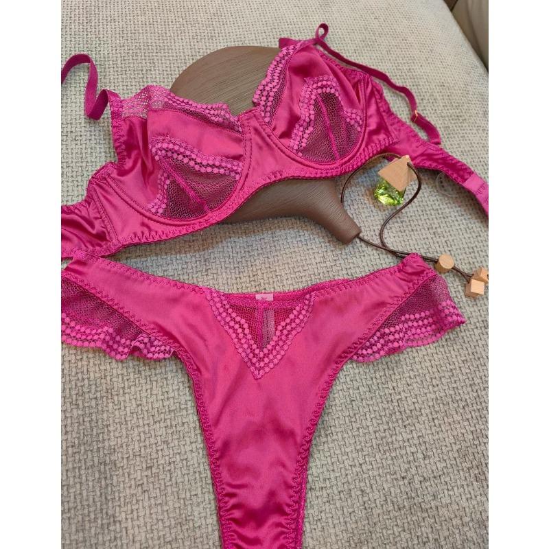 Women's Ultra Thin Sexy Satin Join Lace Big Chest Show Small Anti Droop Underwear Suit