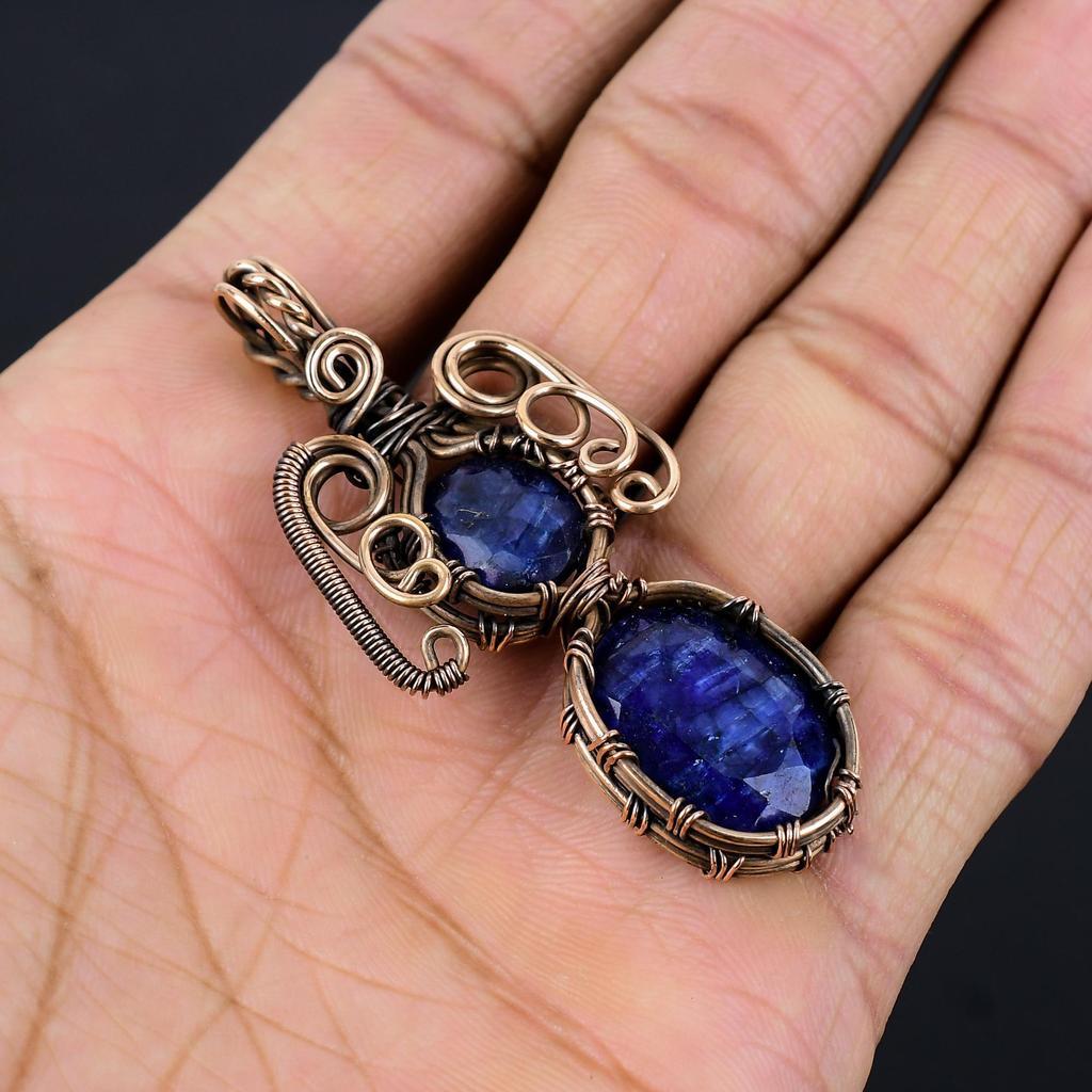 Кулон с синим сапфиром, Кулон с драгоценным камнем ручной работы, Кулон, обернутый медной проволокой 999 пробы, Антикварное украшение, Для подарка на помолвку