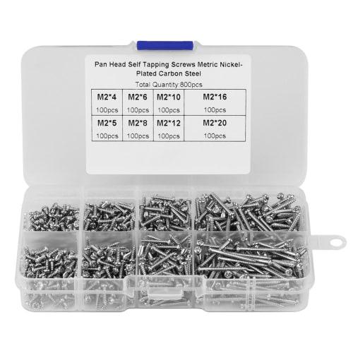 Machine Screw Kit, M2 Self-Tapping Screw Set, 800-Piece Screw and Nut Kit, M2 Cross Drive Flat Head Self-Tapping Screws, Woodworking Fastener Box Incl