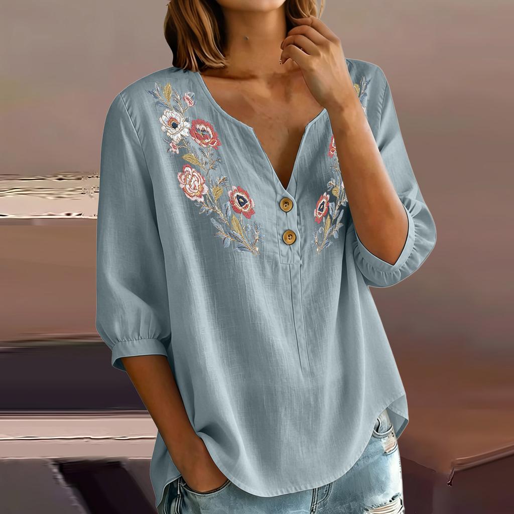 Женская льняно-хлопковая блузка-henley с цветочной вышивкой, пуговицами на воротнике, рукавами три четверти, повседневная, свободного кроя