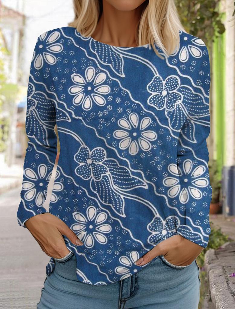 2024 Женские гавайские ретро-модные топы с длинным рукавом и круглым вырезом, повседневная футболка с длинным рукавом, дизайнерская новинка