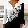 Лето-Осенняя тонкая черно-белая футболка с цветочным принтом, женские свободные элегантные топы с длинными рукавами и принтом, женская одежда