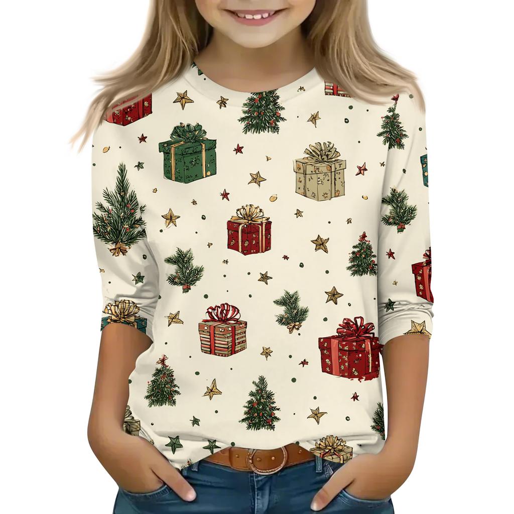 Children's 3/4 Sleeve Round Neck Top Christmas Tree Printed Everyday Casual Top