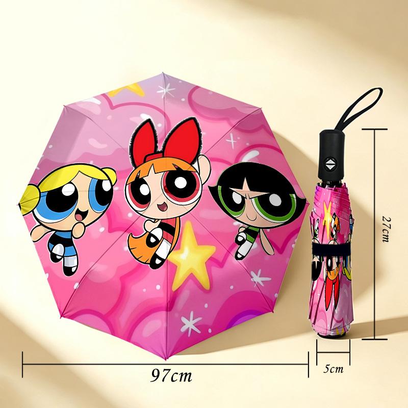Powerpuff Girls 8 Ribs 3Fold Black Glue Uv Protection Umbrella Sun Protection Rainproof Compact Folding Umbrella For Travel Daily Use C923645