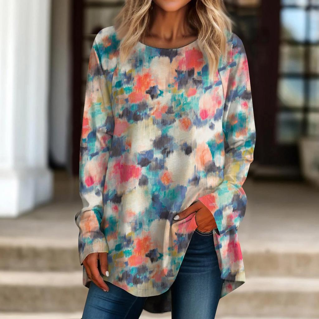 Женская повседневная футболка больших размеров с длинным рукавом и круглым вырезом в стиле ретро, ​​пуловер