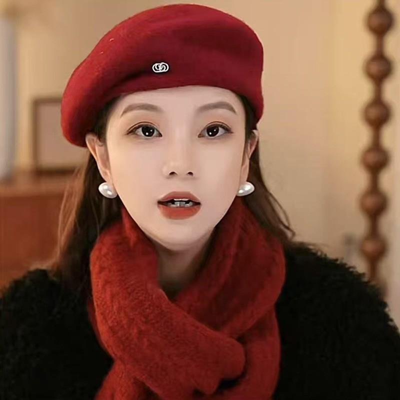 Angola red hat, new beret, autumn and winter forward cap, vintage octagonal cap, face-slimming fisherman hat