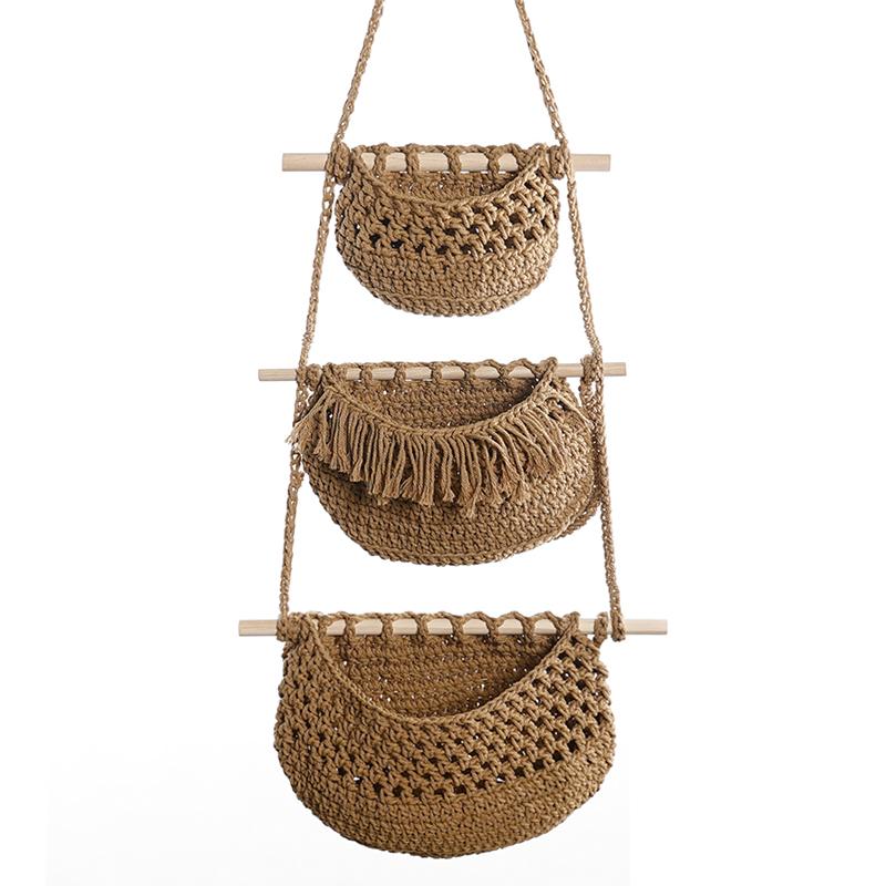 1PC Over The Door Organiser 3 Tier Hanging Organiser Wall Rope Wall Basket Wall Mounted Cotton Rope Home Decor Two Colours