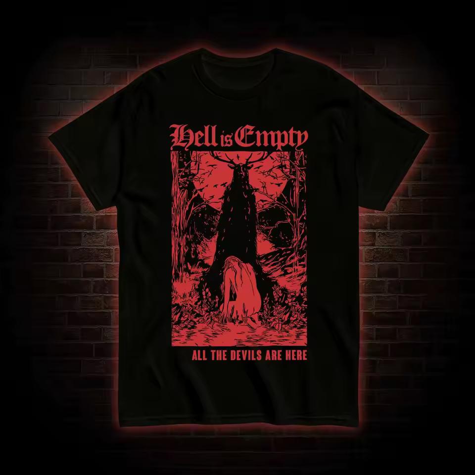 Hell Is Empty T-and kids tshirt Men's Vintage Gothic Horror Print Classic Occult Forest Graphic Short Sleeve Casual Summer Streetwear Top