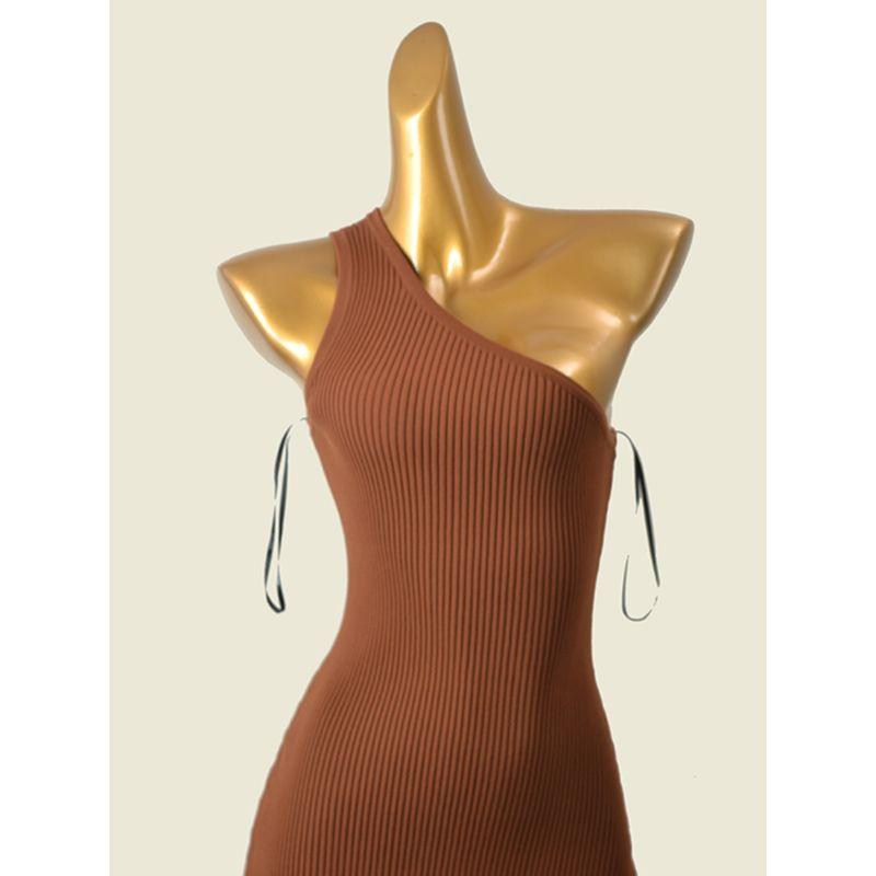 US Fashion Brand Stylish Shoulder Sunken Stripe Silm Bodycon Dress Foreign Trade Original Order Knitting Sexy Sexy Skirt