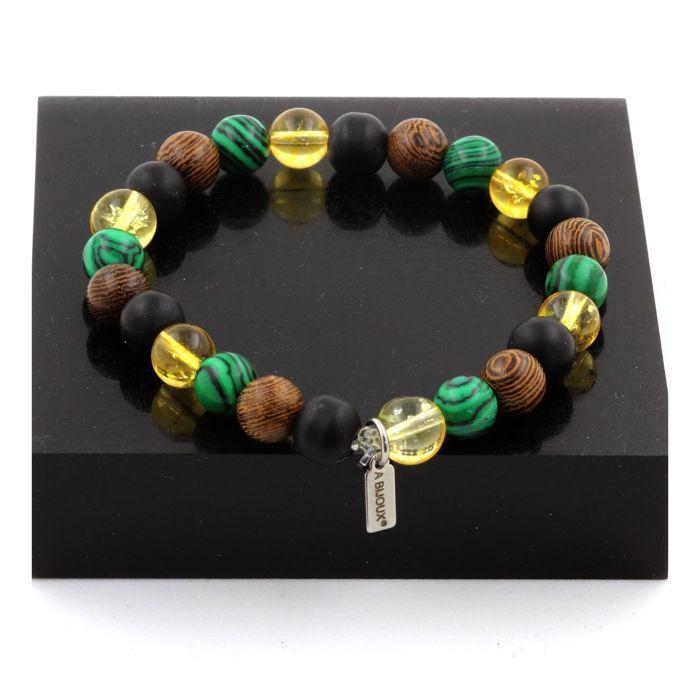 Beaded Bracelet - A Bijoux - Citrine Malachite Black Onyx - Wood 8 Mm - Length 19-20 Cm - Made In France