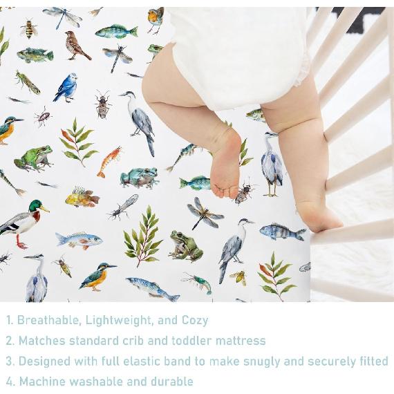 Wildlife Pond Baby Crib Sheets 52''x28'' Wild Animals Frogs Duck Fish Bird Weeds Snug Fitted Crib Mattress Cover for Boy Girl Fishing Hunting Soft