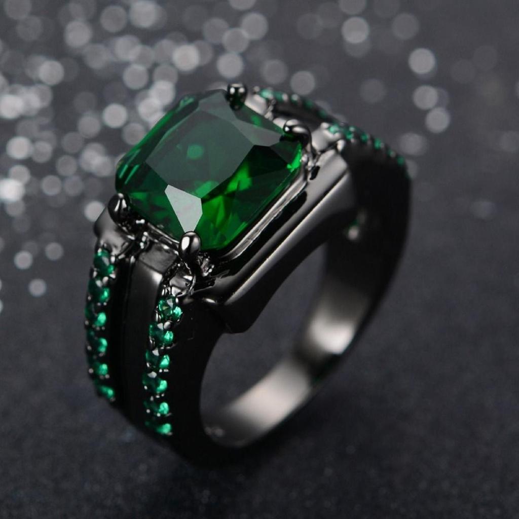 Vintage Male Female Crystal Green Ring Charm Black Gold Wedding Rings Punk Square Zircon Engagement Rings For Men Women
