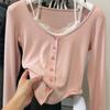 Pink T-shirts Women Slim Sweet College Fashion Korean Spring Soft Leisure Cropped Spliced Designed 2023 New Arrival Daily Casual