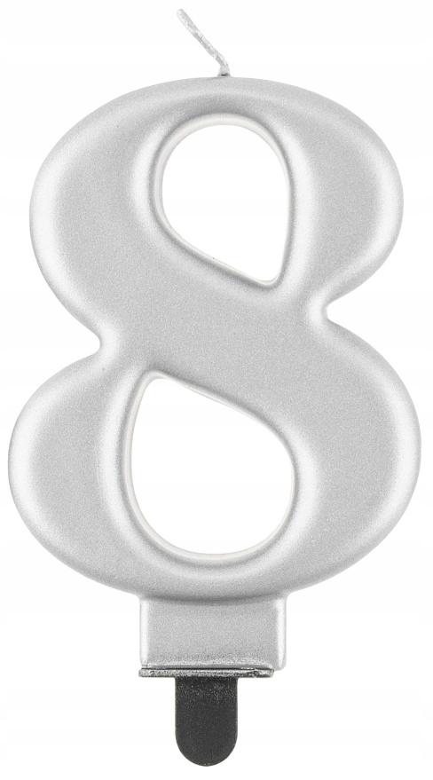 Świeczka Cyferka 8, Metalik Srebrna, 8 Cm, 1 Szt.