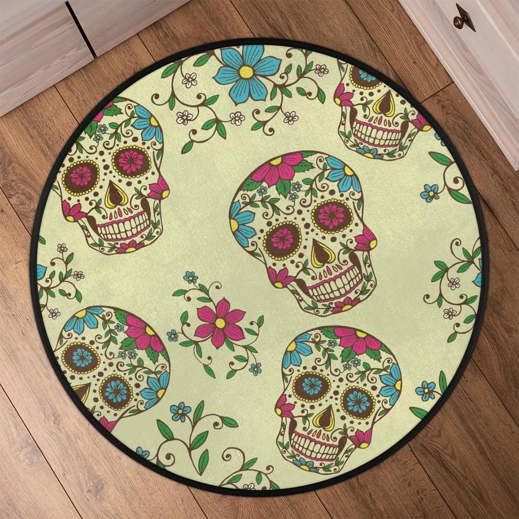 Day of The Dead Skulls Round Rug,Washable Soft Circular Floor Mat, Non Slip Low Pile Area Rugs for Kids Room Bedroom Bathroom