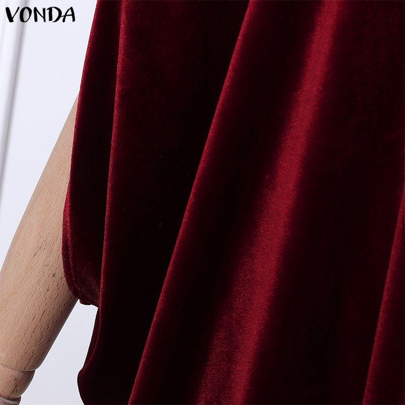 VONDA Женская свободная длинная туника-блузка с воротником-стойкой, рукавами 3/4 летучая мышь, сетчатыми вставками и бархатом