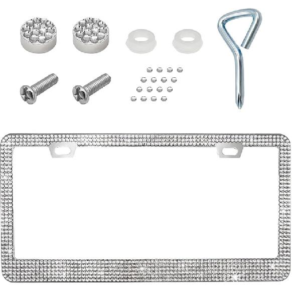 Car License Plate Frame, Sparkling Stainless Steel Auto License Plate Frame With Rhinestones, Bling Diamond License Plate Holder, Universal Exterior