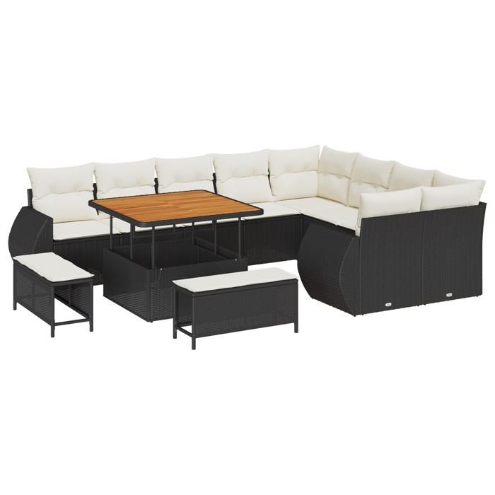 Ensemble de canapés de jardin 12 pièces avec coussins Noir Poly Rotin Acacia 3363855