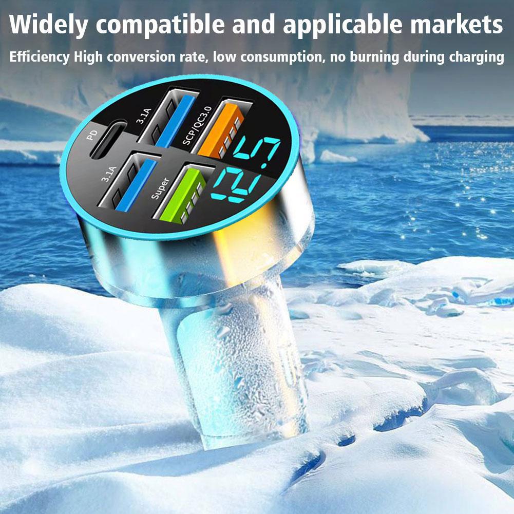 Автомобильное зарядное устройство мощностью 250 Вт, 5 портов, светодиодный цифровой дисплей, USB PD Type C, быстрая зарядка, автомобильное зарядное устройство для телефона, адаптер для iPhone 15