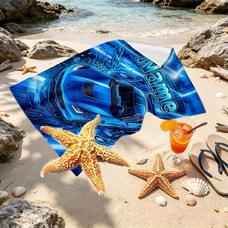 Custom Name Personalized Corvette Print Beach Towel, for Trip Camping Beach Party Home Decor, Birthday Gift for Family & Friends