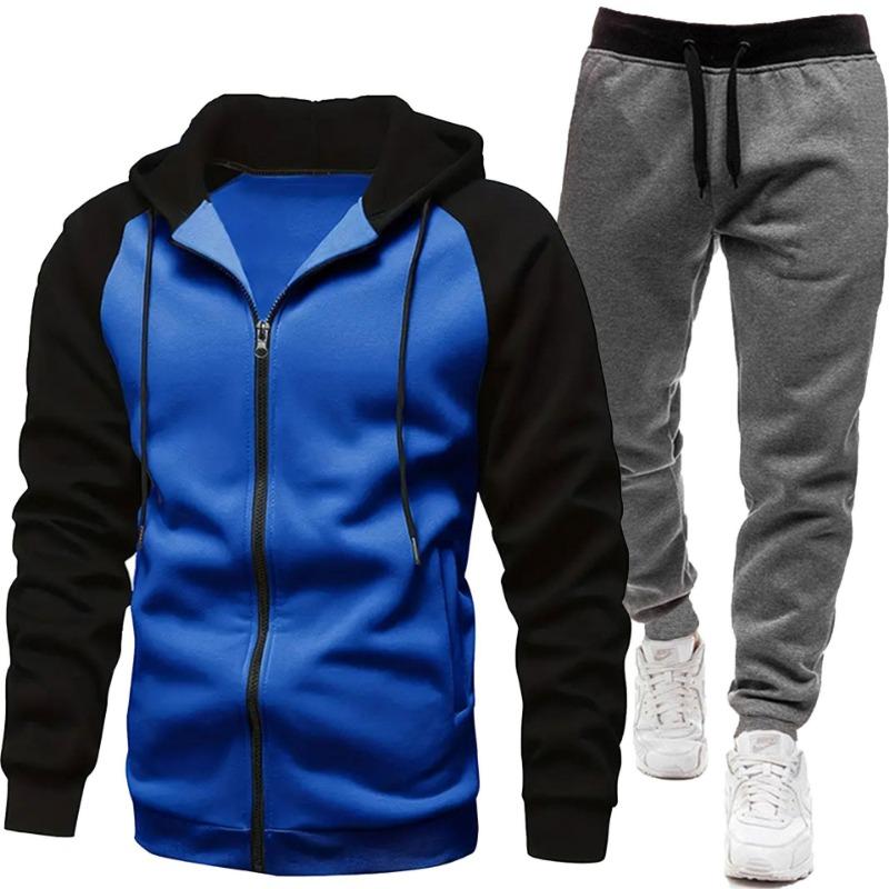 Men's Fashion Color Blocked Coat Long Sleeve Casual Sports Set Men's Top Pants