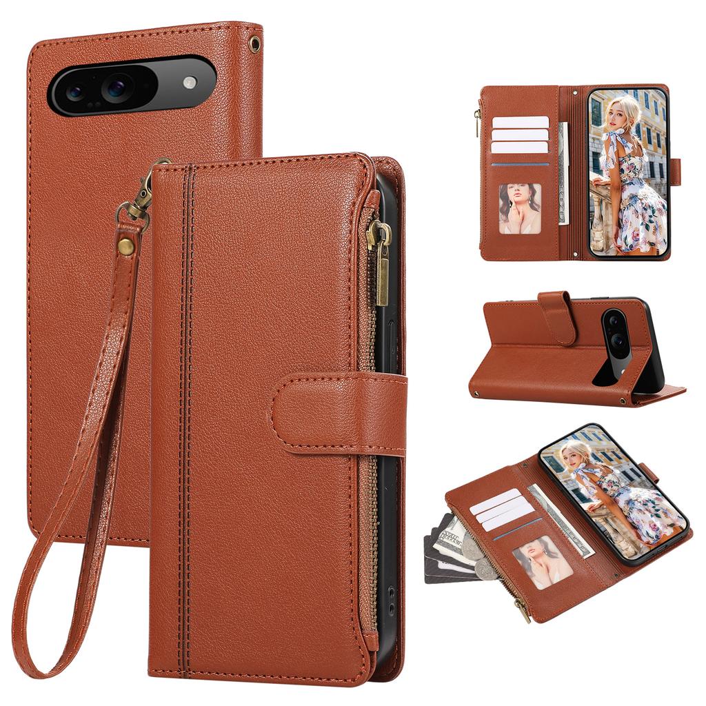 For Google Pixel 9/Pixel 9 Pro Case Multi Card Slots Zipper Leather Phone Cover with Wrist Strap