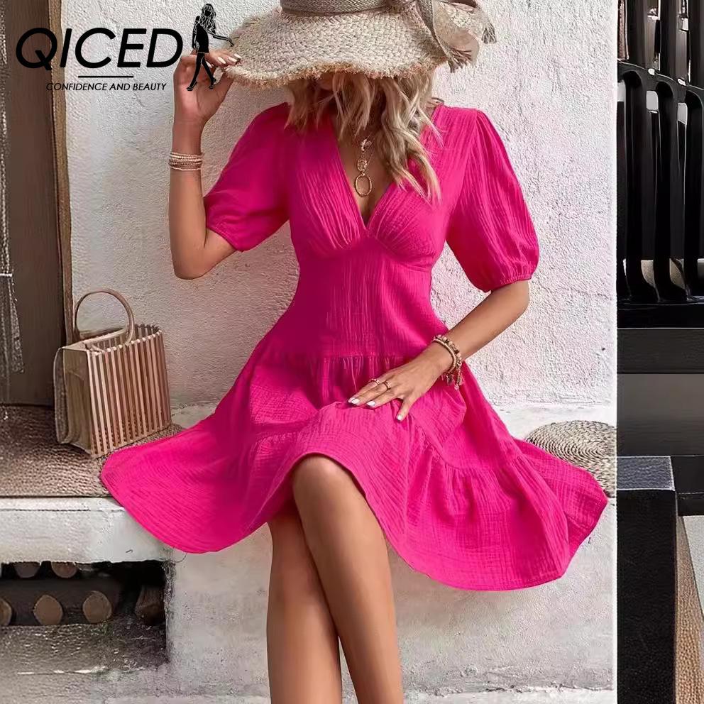 QICED Летняя однотонная тонкая юбка с v-образным вырезом и средними рукавами, женское платье