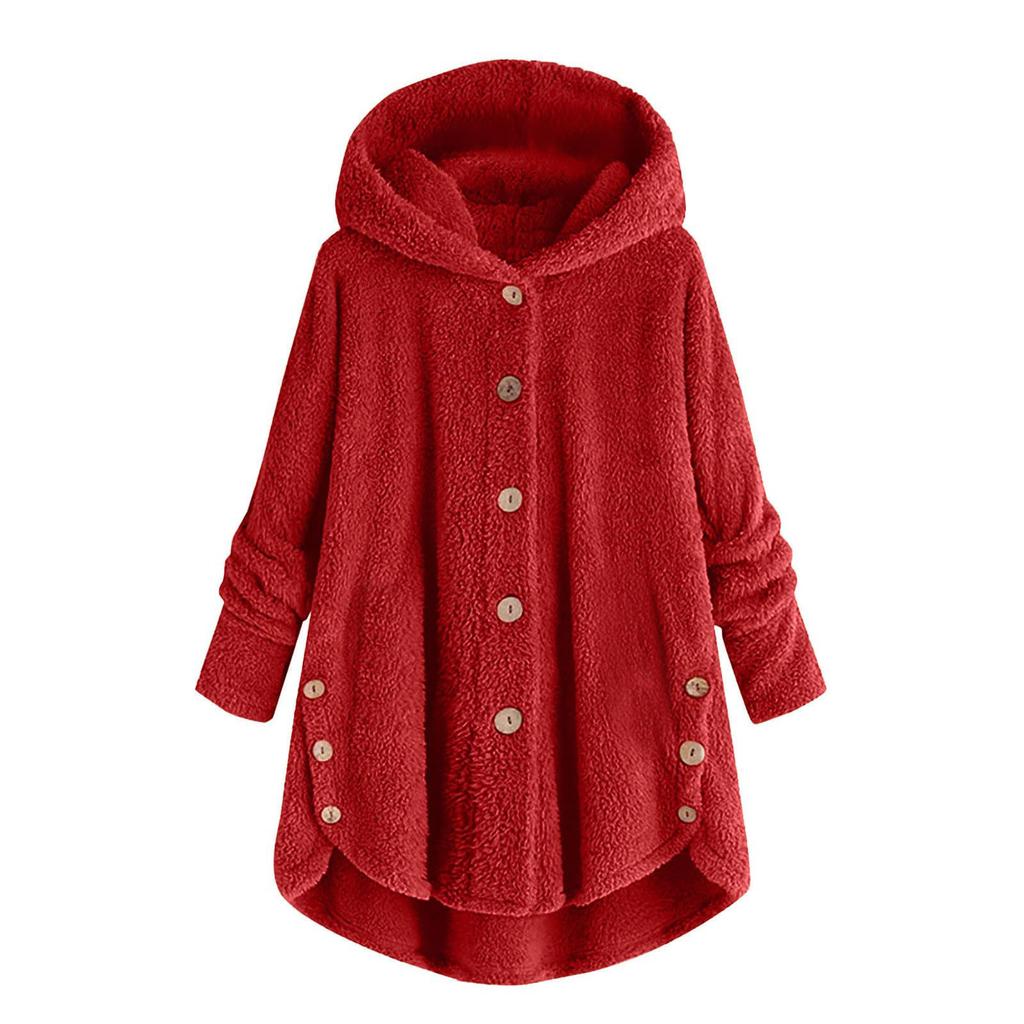Women's Fashion Solid Color Button Hooded Plush Loose Casual Jacket