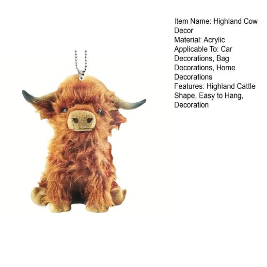 Highland Cattle Cow Animal Decoration with Bead Chain Hanging Toy DIY Keychain Pendant Decoration Backpack Ornament Birthday